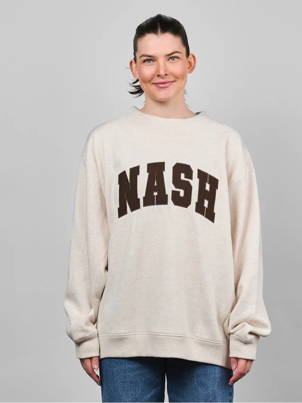 NASH Cream Mock Neck Sweatshirt with Bold Brown Lettering